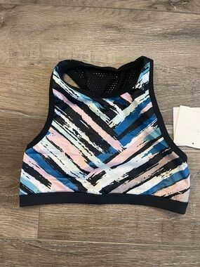 Beyond Yoga High Neck Striped Sports Bra in Blue, Pink & Black NWT size S